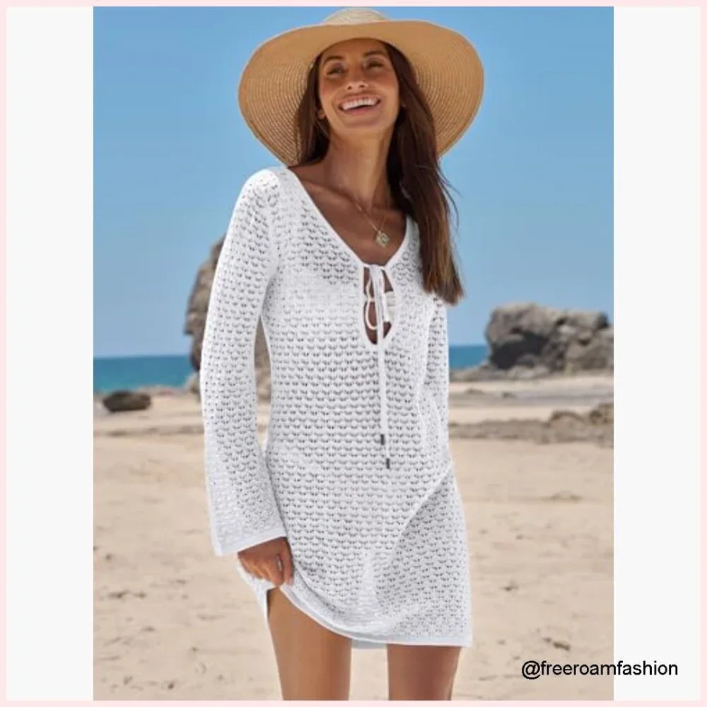 Crochet Mesh Knit Swimsuit Cover Up Dress V Neck Long Sleeve Beach
